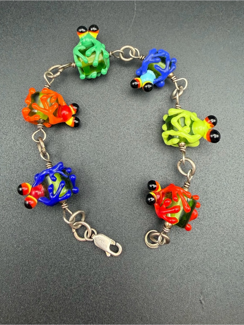 Lampwork art Glass Bracelet 925 Sterling silver Frogs Colorful #708